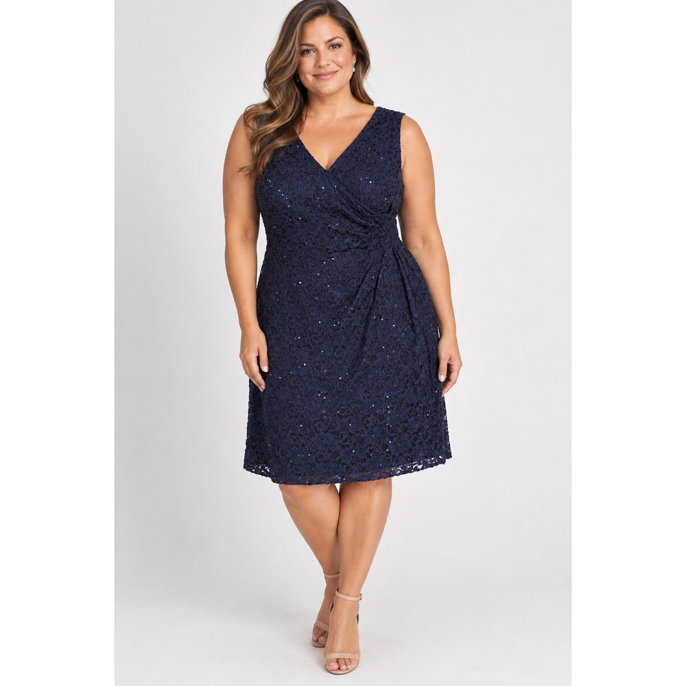 Vintage Collection Navy Blue Lace Sequin Faux Wrap Sheath Dress Size 16 Formal